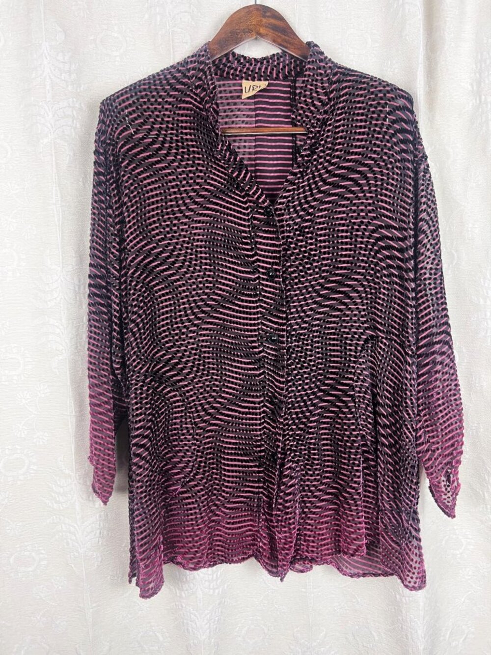 Sheer S-2X silk velvet stripe vintage button up shirt oversized blouse URU party